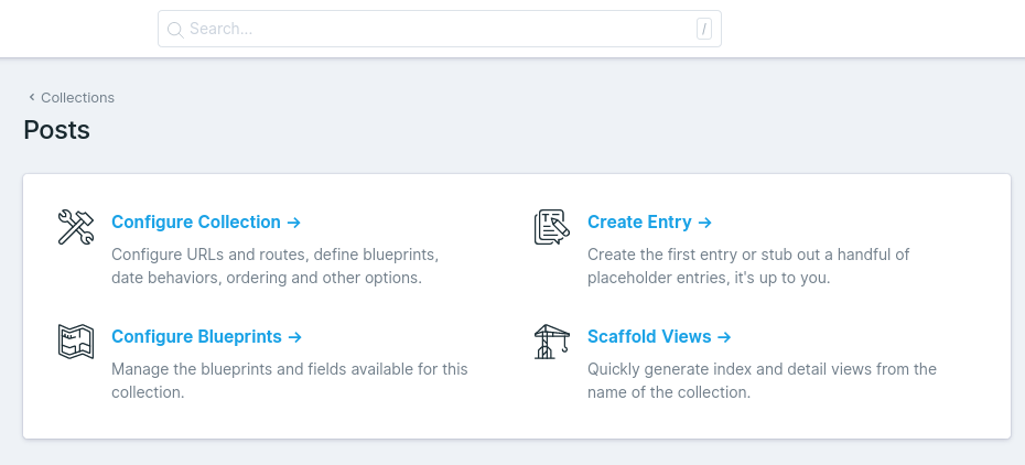 &Uuml;bersicht  einer neuen Sammlung in Statamic