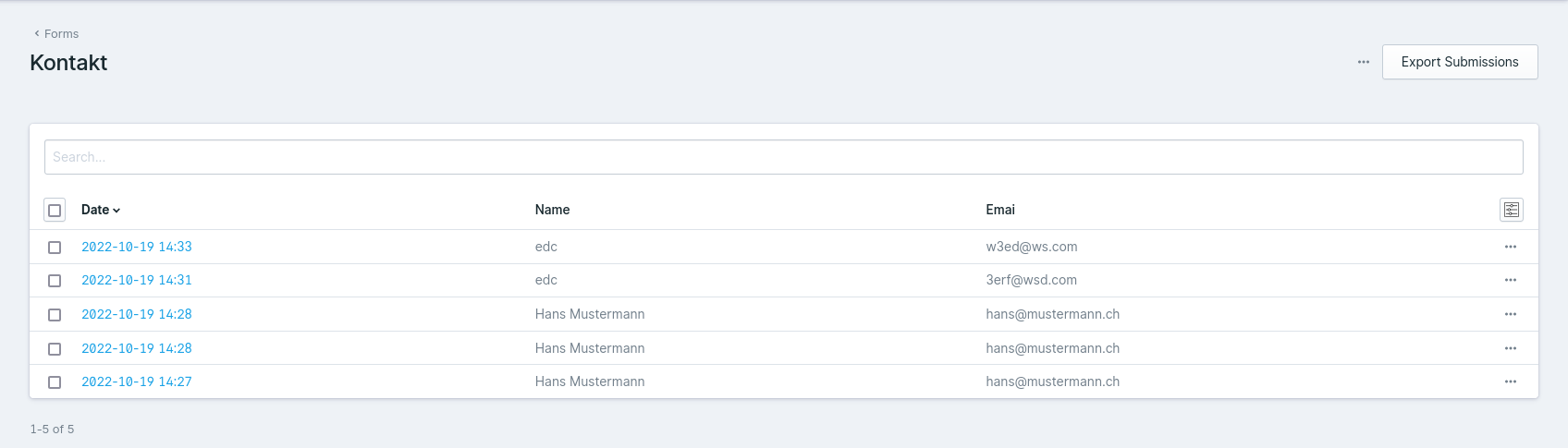 Liste von gespeicherten Statamic formularen